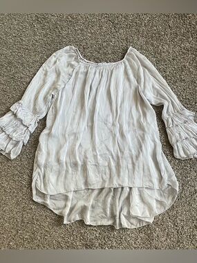 Tempo Paris Silk Blouse Tunic Ruffle 3/4 Sleeves Romantic Peasant Medium Italy